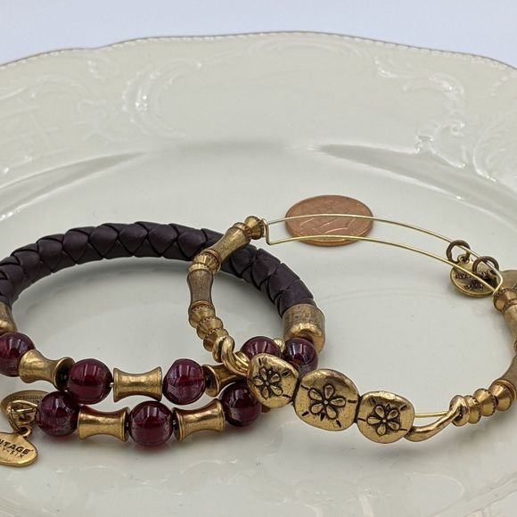 Alex and Ani Rafaleian Gold Maroon Beaded Flower Leather Wrap Bracelet Pair